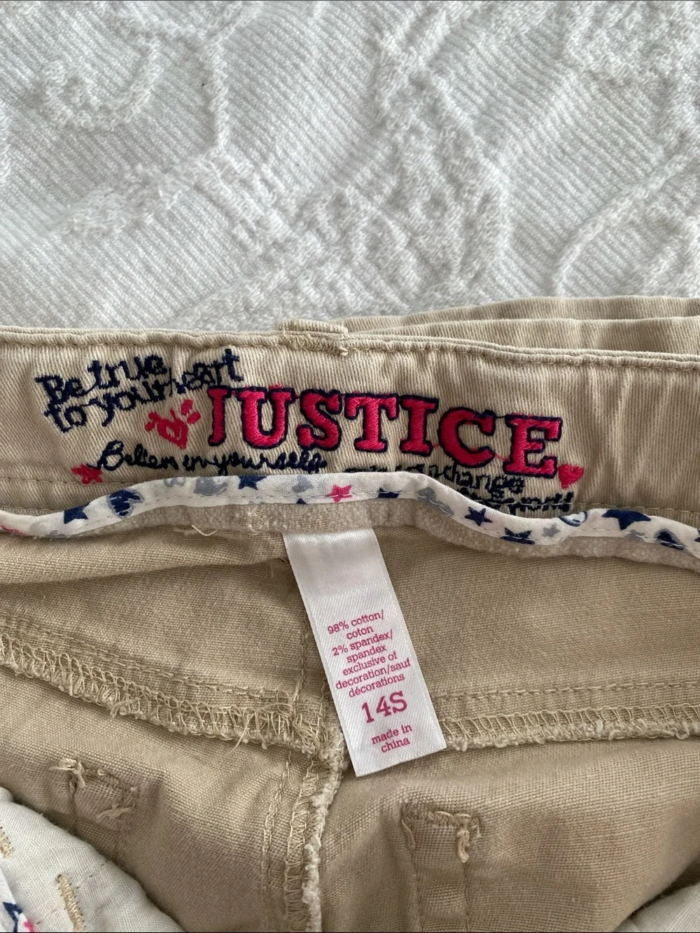 Justice Girls Khaki/Tan Pants with Embroidered Waistband